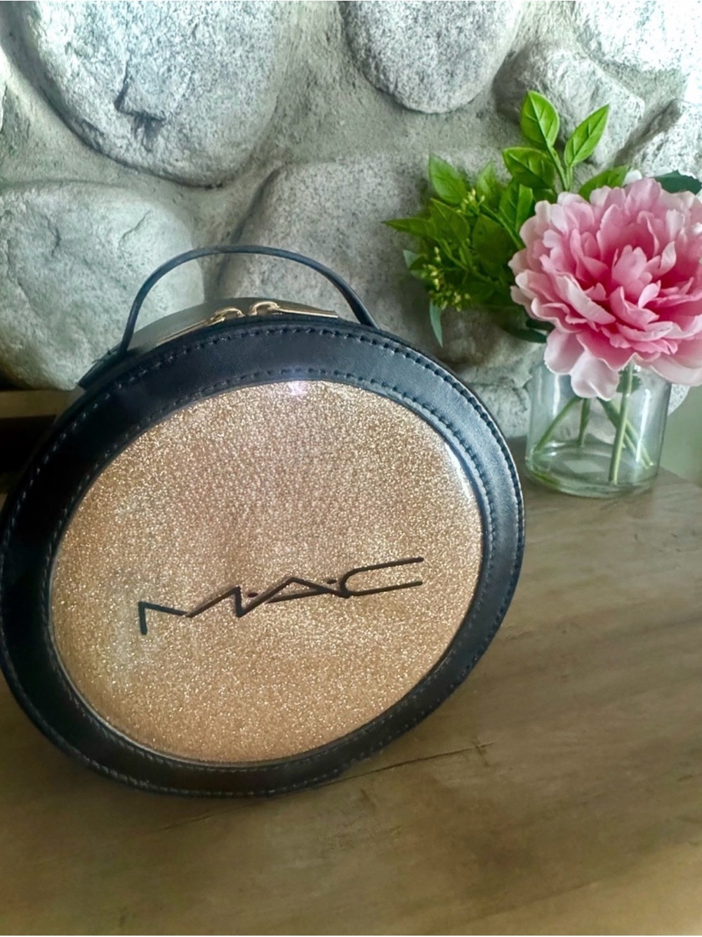 MAC Cosmetics Black and Gold Glitter Round Top-Handle Cosmetic Case Bag